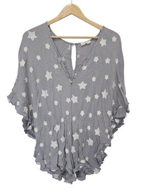 Storia Embroidered Star Ruffle Batwing Sleeve Romper Gray Size Medium